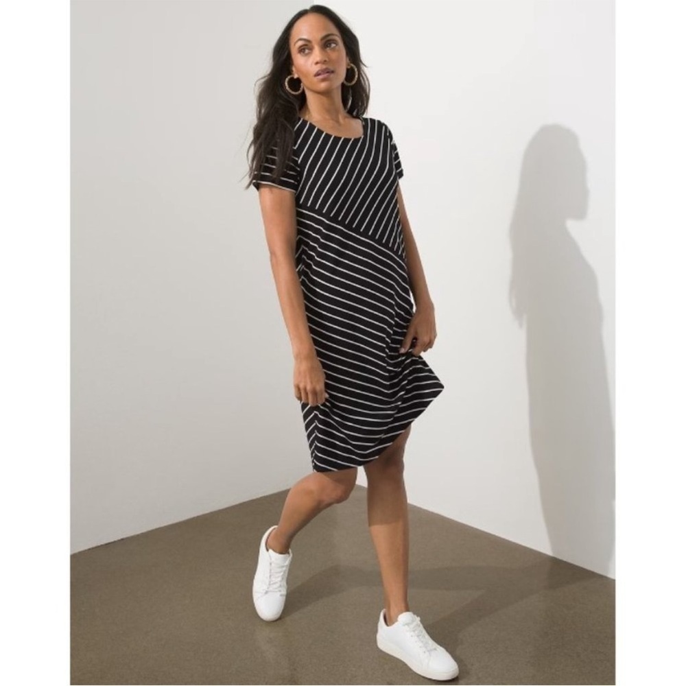 Chico's Black and White Striped Short Sleeve Mini Dress